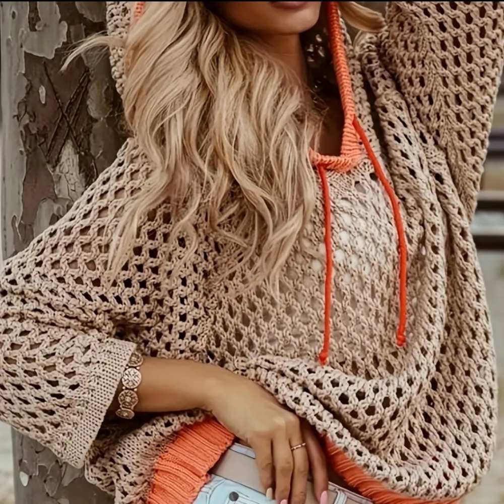 Love This Crotched Beige Hoodie with Orange Trim